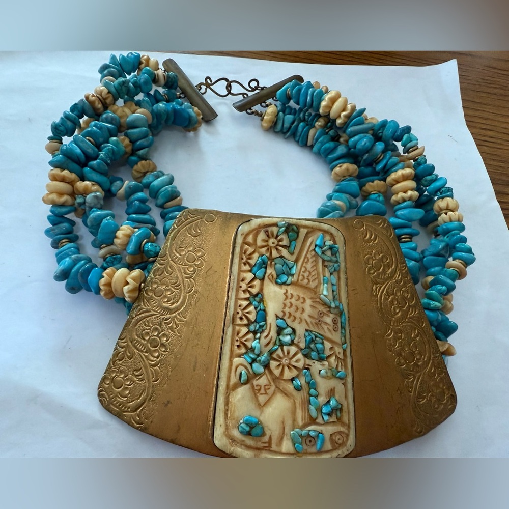Rare Native American Turquoise & Carved ? on Brass Tribal ? Necklace